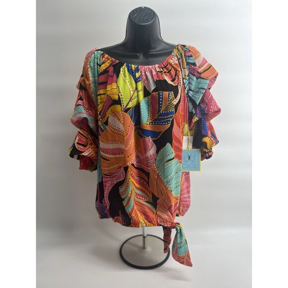 CeCe Floral Ruffle Sleeve Blouse Womens Tie Waist Off Shoulder NEW Medium M NWT - Picture 1 of 14